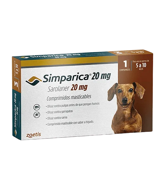 Empaque antiparasitario: Simparica 5 mg (1,3 a 2,5 kg)