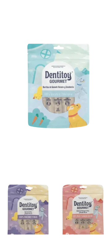 Empaque snack: Dentitoy Gourmet barritas de camote y ganado vacuno